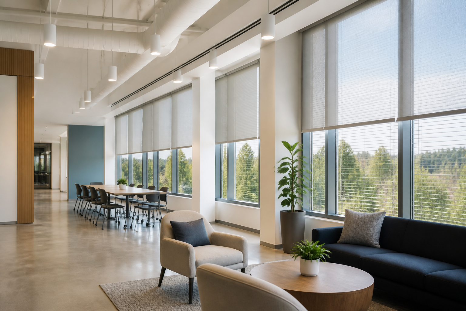 Commercial interior with large windows and installed window shades